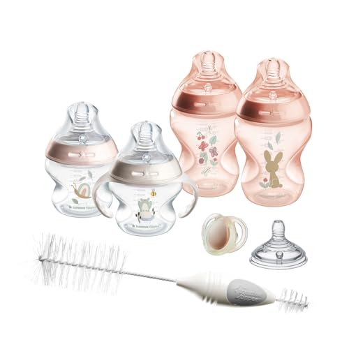Image of Tommee Tippee Natural Start 8 Piece BPA Free Bottle Set, Includes 2 x 5 oz & 2 x 9 oz Bottles, 1 x Medium Flow Nipple, 1 x 0-6m Pacifier, 1 x Removable Bottle Handle, 1 x Cleaning Brush, Pink