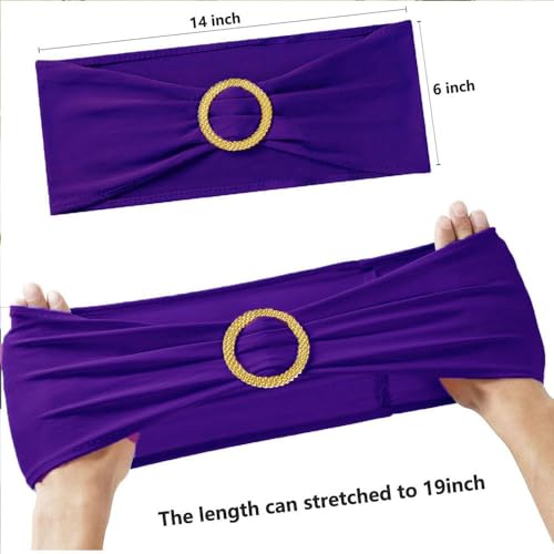 Image of Purple Chair Sashes 50 Pack with Gold Buckle Slider, Spandex Chair Bows Bands for Folding Chairs Wedding Party Birthday Decor