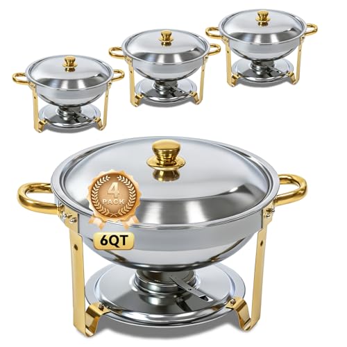 6QT Chafing Dishes for Buffet 4 Pack, Round Dish Buffet Servers and Warmers 304 Stainless Steel Food Warmers for Parties Weddings, Catering Buffet Catering Events, Chafers Servers Sets, Gold & Silver