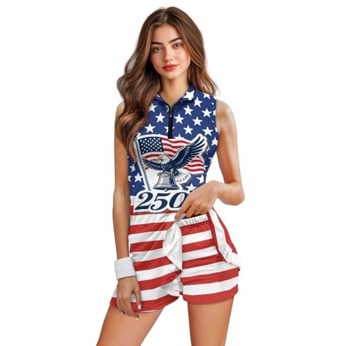 Spowatriy Eagle American Flag Women's Sleeveless Golf Dress with Pockets Shorts Half Zipper Tennis Dresses Set Quick Dry Workout Outfit