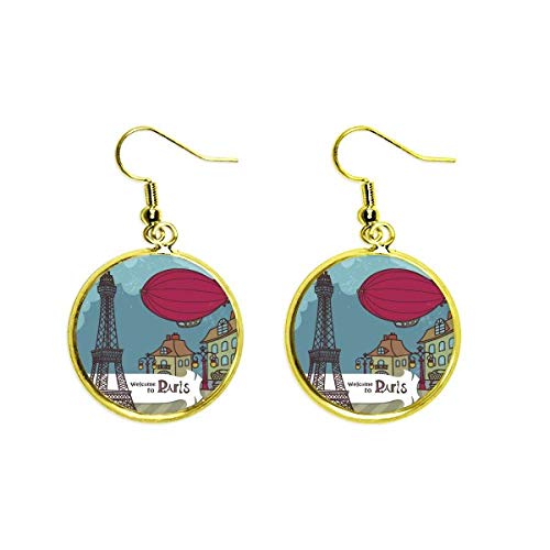 Pendientes de torre Eiffel y dirigible dorados de estilo París para mujer
