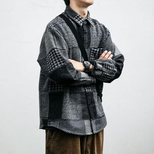 Image of FindThy Men's Plaid Brushed Flannel Jacket Long Sleeve Button Up Lapel Color Block Patchwork Houndstooth Shirt Shacket(1745-GreyA1-L-LB)
