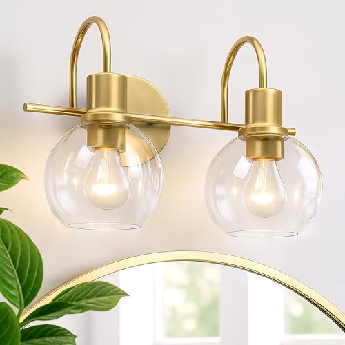 Image of 2-Light Bathroom Vanity Light, Modern Brushed Gold Wall Sconce with Clear Glass Shades, Bathroom Lighting Fixtures,Mirror Lighting for Bedroom, Hallway, Living Room