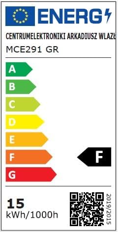 EU Energy Label for Maclean MCE291 GR, indicating an energy efficiency rating of F and 15 kWh/1000h consumption.