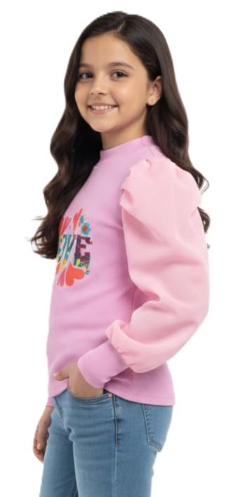 KIROTO Girls Stylish Love Graphic Print Top Soft Fabric All-Season Wear Puff Sleeve Regular Fit Tee for Kids Pink 1