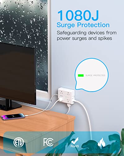 Surge Protector Power Strip, Ulta Flat Plug Power Strip With 8 Widely Outlets 4 Usb Ports (2 Usb C), 5Ft Flat Extension Cord, 1080J Wall Multi Plug Outlet Extender For Home Office Dorm Room Essentials #TOP5