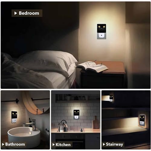 Image of LED Night Light,Black White Cat Face Close Up Crop LED Night Light Plug into Wall with Dusk to Dawn Light Sensor White Energy Efficient Nightlight for Bedroom Hallway Living Room Kitchen
