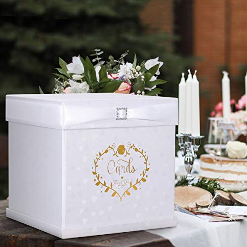 Unomor Wedding Card Box With 2 Color Ribbons, Rhinestone Slider And 3 Stylish Crystals, 10"X10" Textured White Gift Card Box With Golden Embossed Hearts Design #TOP3