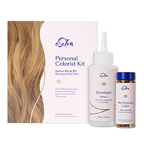 eSalon Personal Colorist Kit, Permanent Hair Color, 100% Gray Coverage, At-home Hair Color, Ammonia-free Hair Dye, Multi-dimensional Hair Color, Professional-grade Hair Dye (Medium Blonde 8N)