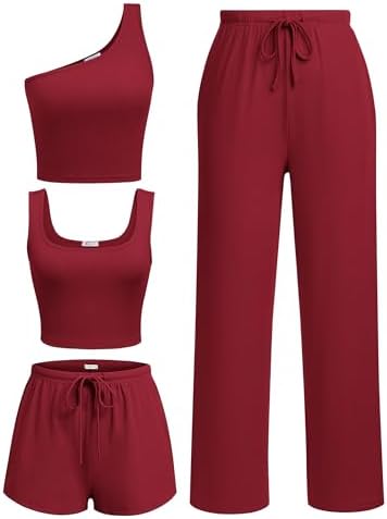 Ekouaer Womens 4 Piece Lounge Sets Ribbed Knit Crop Tank Top and ...