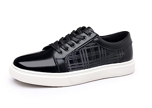 Santimon Men's Low-Top Leather Sneakers Classic Plaid Slip On Shoes2