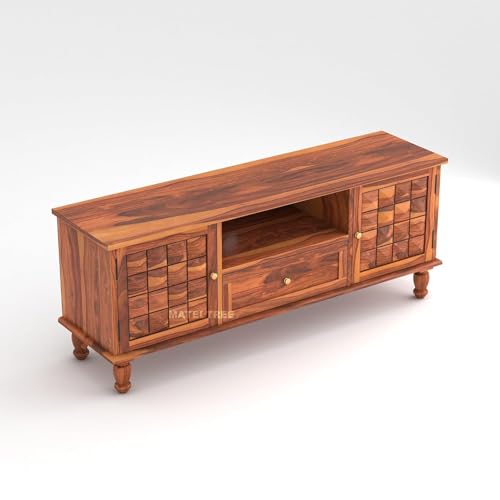 Image of Sheesham Wooden TV Unit for Living Room 55+ Inch Furniture - WoodenTV Unit with Drawer Shelves & 2 Door Wooden TV Cabinet for Living Room - Fits up to 55-Inch TV (James, Honey Finish)