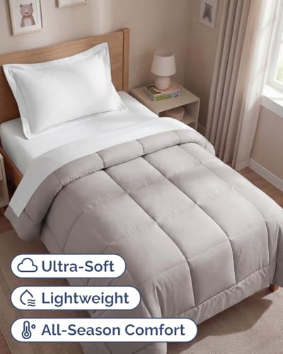 Image of Twin Size, Light Gray Alternative Down Comforter - Warm, Lightweight & Breathable Hotel Quality Bedding for Men, Women, Kids and Teens - All Season Oversized Cooling Microfiber Duvet Insert Comforter