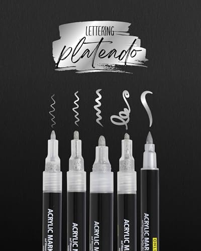 ONLINE Juego de 5 bolígrafos acrílicos plateados, juego de letras a mano con pincel, rotulador de punta fina, rotulador de caligrafía y rotuladores, marcadores acrílicos metálicos para proyectos de