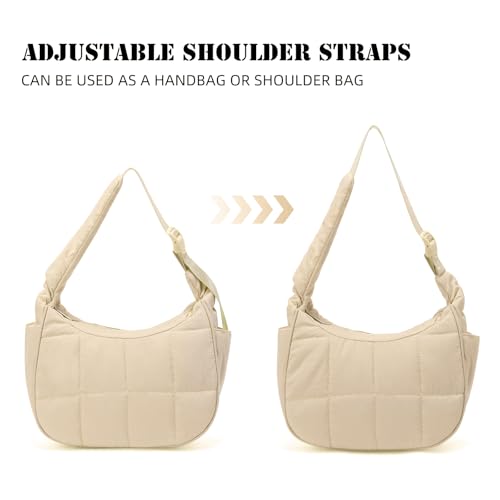 Image of Small Puffer Crescent Underarm Shoulder Bag for Women, Nylon Quilted Purses Handbags with Adjustable Strap, Khaki