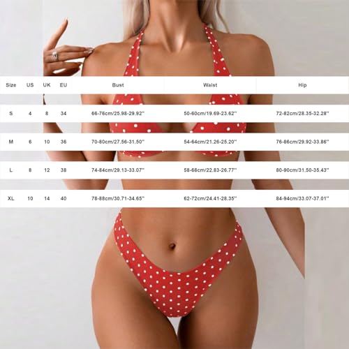 Bikini Set Damen Tief V- Ausschnitt Neckholder Bikini Damen Punkten Druck Zweiteiliger Badeanzug Triangel String Bademode Push up Bikinioberteil und Triangel Bikinihose(Rot, M)-5