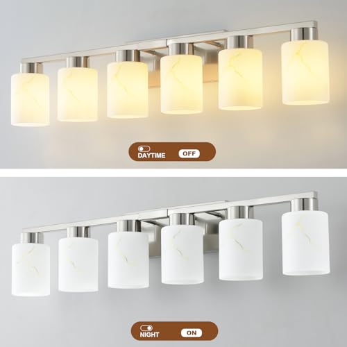 Image of 6-Light Bathroom Light Fixtures, Modern Vanity Lights, Brushed Nickel Metal Wall Lamp with White Marble Glass for Bathroom, Mirror, Living Room, Bedroom, Cabinet, Porch, Hallway, E26 Base