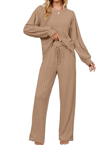 Image of Blooming Jelly Women Ribbed Long Sleeve Pajama Sets Fall Loungewear Pockets | 2 Piece Lounge Pj Matching Set Cute Casual Outfit Fleece Drawstring Crew Neck Wide Leg Flannel Soft Sleepwear
