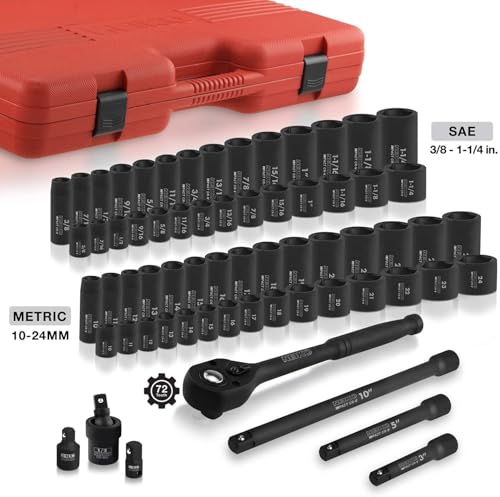 NEIKO 02448A 1/2" Drive Master Impact Socket Set, 65 Piece, Standard SAE (3/8"-1-1/4") & Metric (10-24 mm) Sizes, Deep & Shallow Kit, Includes Adapters & Ratchet Handle thumbnail 5