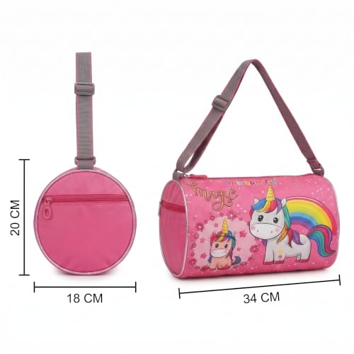 Image of Kids Unicorn Duffle Bag for Girls | Pink Magic Rainbow Barrel Travel Bag | Lightweight Polyester Shoulder Bag for School, Gym, Swimming, Dance, Picnic & Weekend Trips | Age 3-12 Years (Unicorn)