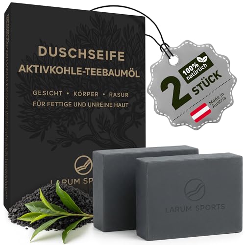 larum sports schwarze Seife – Aktivkohle und Teebaumöl gegen Akne und Pickel – feste Duschseife Männer – vegane Körperseife Männer – African Black Soap – 2x Seife Stück à 85g