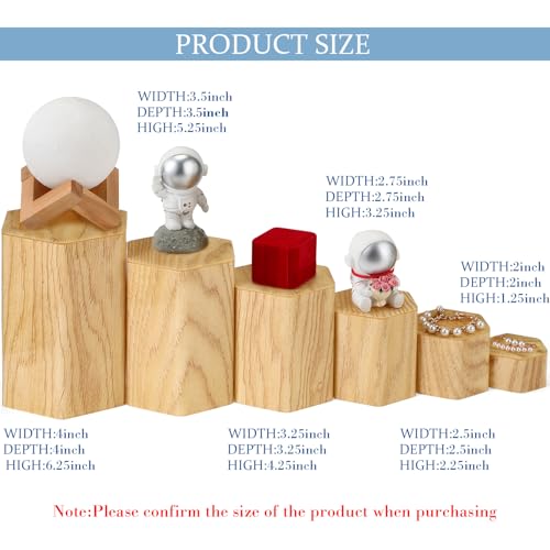 Image of Jetec 12 Pcs Hexagonal Jewelry Display Risers Hexagonal Market Display Risers Stands Acrylic Showcase Acrylic Stand for Jewelry Model Figures Decoration, 6 Sizes (Woodgrain)