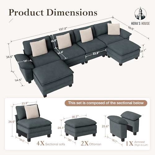 Image of HERA'S HOUSE 158 inch Oversized Modular Sectional U Shaped Sofa,Chenille Blue | 6-Seater Living Room Couches, Wider Armrest and Deep Seat, Comfy Cloud Couch with Ottoman, Wood Sturdy Frame