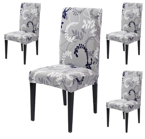 Image of Styleys Chair Covers for Dining Room, Stretch Dining Chair Cover, Washable Spandex Kitchen Chair Slipcovers (Set of 4, Leaves Grey, SD3213)