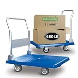 Restaurantware-RW Clean 35.5 x 23.25 x 27.75 Inch Platform Cart, 1 Large Flat Hand Cart - 660-Pound Capacity, Foldable Handle, Blue Plastic Flatbed Dolly Cart, Heavy-Duty, For Warehouses Or Homes