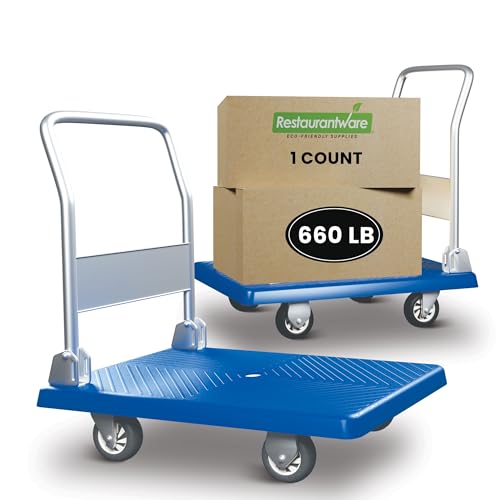 Restaurantware-RW Clean 35.5 x 23.25 x 27.75 Inch Platform Cart, 1 Large Flat Hand Cart - 660-Pound Capacity, Foldable Handle, Blue Plastic Flatbed Dolly Cart, Heavy-Duty, For Warehouses Or Homes
