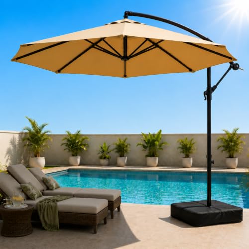 10FT Cantilever Patio Umbrella with Base, 360° Rotation & Adjustable Tilt