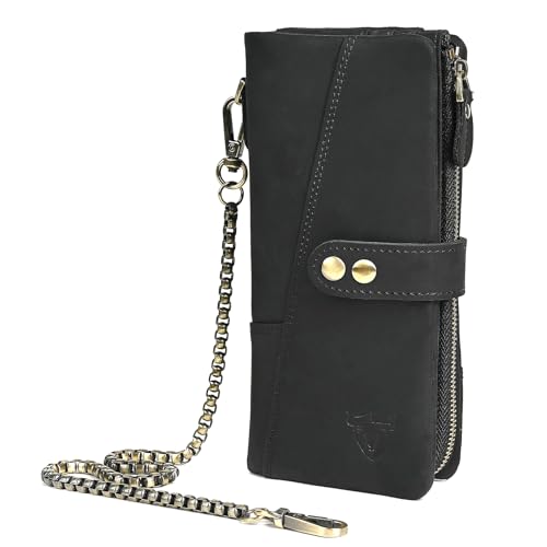 Image of Genuine Crazy Horse Leather Travel Gift Coin Pocket Card Case Long Organizer Chain Rfid Wallet Purse With Snap For Men Male 1803 1815 (1803 The Black2)