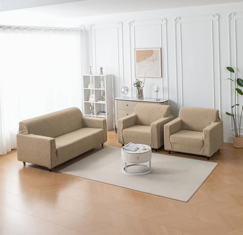 Image of House of Quirk Universal Jacquard Fabric Sofa Cover - Soft, Stretchable Couch Slipcover for 5-Seater (3+1+1), Flexible Fit, Wrinkle-Resistant & Easy to Clean (Khaki)