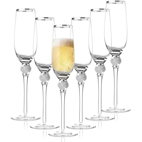 BERKWARE Premium Champagne Flutes - Crystal Champagne Glasses with Silver Rim & Silver Dazzling Rhinestone Design - 9oz each (Set of 6) Cover