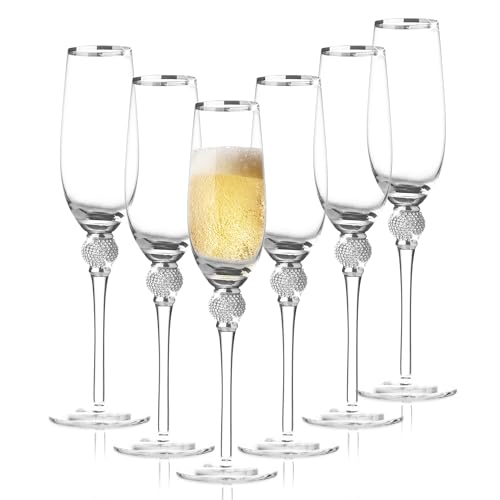 BERKWARE Premium Champagne Flutes - Crystal Champagne Glasses with Silver Rim & Silver Dazzling Rhinestone Design - 9oz each (Set of 6)