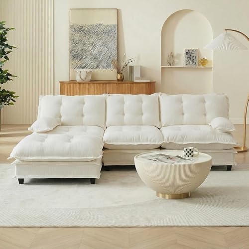 Image of 108 inch Sectional Sleeper Sofa with Ottoman, L Shaped Modular Deep Seat Couches for Living Room Apartment, Flexible Module Combination Cloud Sofa with Spring Support, Easy Assembly, White
