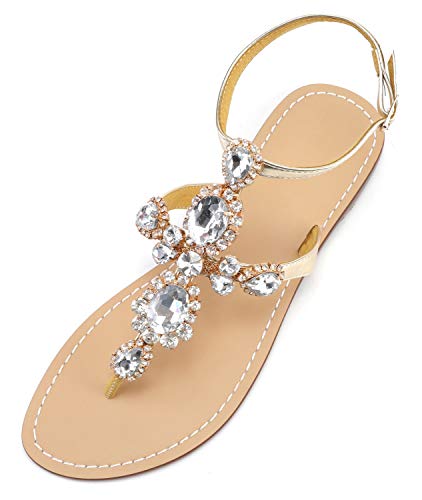 Image of ZhuLinFeng Women'S Rhinestone Gladiator Sandals Flat Wedding Sandals Gem Pearl Sparkling Bridal Bridesmaid Sandals Blue Bohemian Sandals