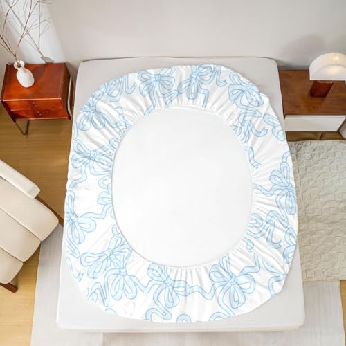 Image of Castle Fairy Blue Bowknot Bed Sheet Set Twin Size,Coquette Bowtie Ribbon Sheet Set Kids Teens,Dreamy Princess Style Cute Bow Bedding Decor Set with 1 Flat & 1 Fitted Sheet with 1 Pillow Sham