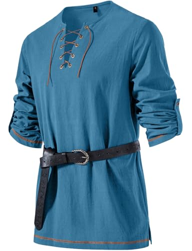 Image of JEMITOP Men's Pure Cotton Vintage Lace Up Shirts for Pirate Renaissance Viking Medieval Costume Without Belt