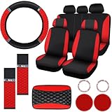 Tallew 17 Pcs Black Red Car Accessories Set for Women Leather Red Steering Wheel Cover Seat Belt Shoulder Pad Armrest Cup Holders Covers Full Crystal Decor New Year Automotive Interior