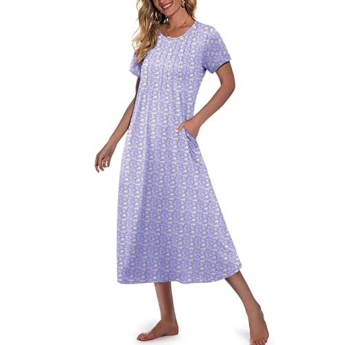 Marvmys Womens Long Cotton Nightgown Short Sleeve Nightshirt O Neck Sleepwear Full Length Sleepshirt with Pockets S-3XL Blue Yellow Floral Large