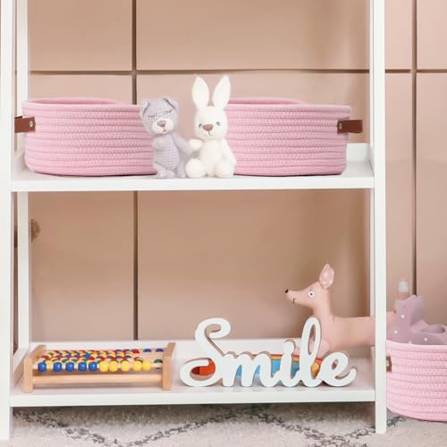 Image of Small Woven Basket, Cute Mini Cotton Rope Storage Basket with leather handle, Tiny Decorative Round Storage Bin, Boho Empty Gift Baskets for Organizing, Toy Organizer for Nursery (Pink)
