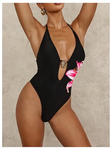 WDIRARA Women's One Piece Swimsuit Floral Deep V Neck Halter Monokini Sexy Cutout High Cut Bathing Suit4