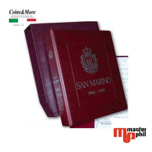 Álbum para Monedas de la República de San Marino 1864-1938 con Estuche, Anillas y fichas históricas, Hecho a Mano en Italia, numismática
