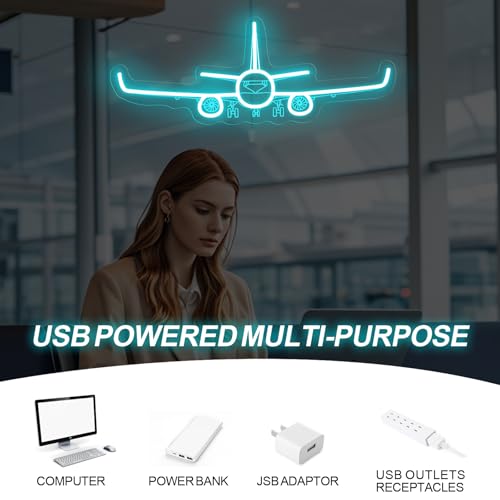 Image of Airplane Neon Sign, Handmade LED Light, Airplane Wall Decort, Gifts for Pilot, Aviation Lover Gift, Kids Room Decor, 16.5 inchx6.5 inch, Ice Blue