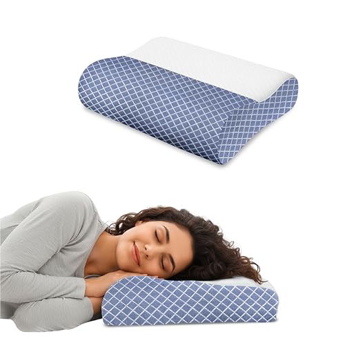 Image of Ergonomic Cervical Pillow, Memory Foam Neck Support for Sleeping, Orthopedic Contour for Side and Back Sleepers, Slow Rebound, Washable Cover, Blue, 48 x 30 cm