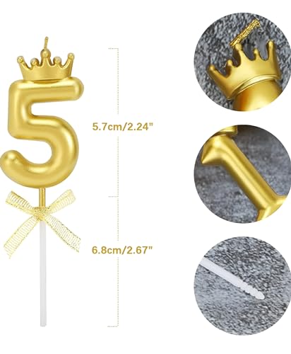 Image of Number 5 Unscented Candle with Crown 3 inch for 5th Birthday Party, Wedding Anniversary, Engagement Celebration, Theme Party, Bachelors Decoration, Gold Numerical No 5