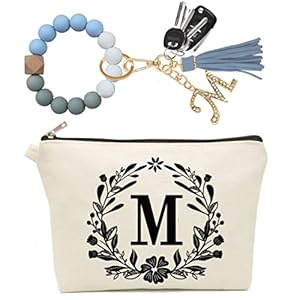 Cute Small Canvas Initial Makeup Bag for Women Personalized, Silicone Beaded Wristlet Bracelet Keychain, Floral Makeup Pouch Cosmetic Bag, Teacher Appreciation Gifts(Letter M)