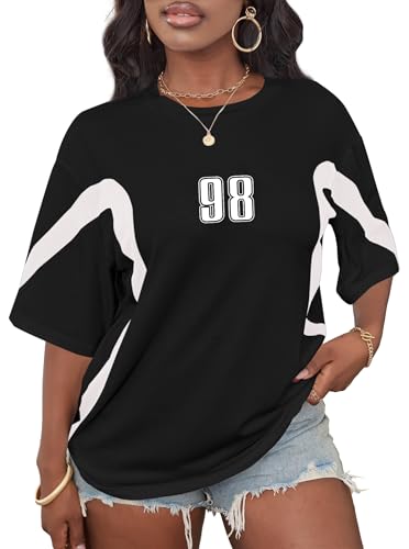 Hilinker Womens Oversized Graphic Tshirts Casual Summer Tees Short Sleeve Color Block Tops White Black Medium