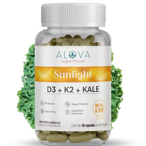 Alova | Vitamina D3 K2 + Kale Superfoods, Suplemento Natural D3 400 UI, Sin Aditivos, Alta Absorción, 60 Cápsulas Vegetales